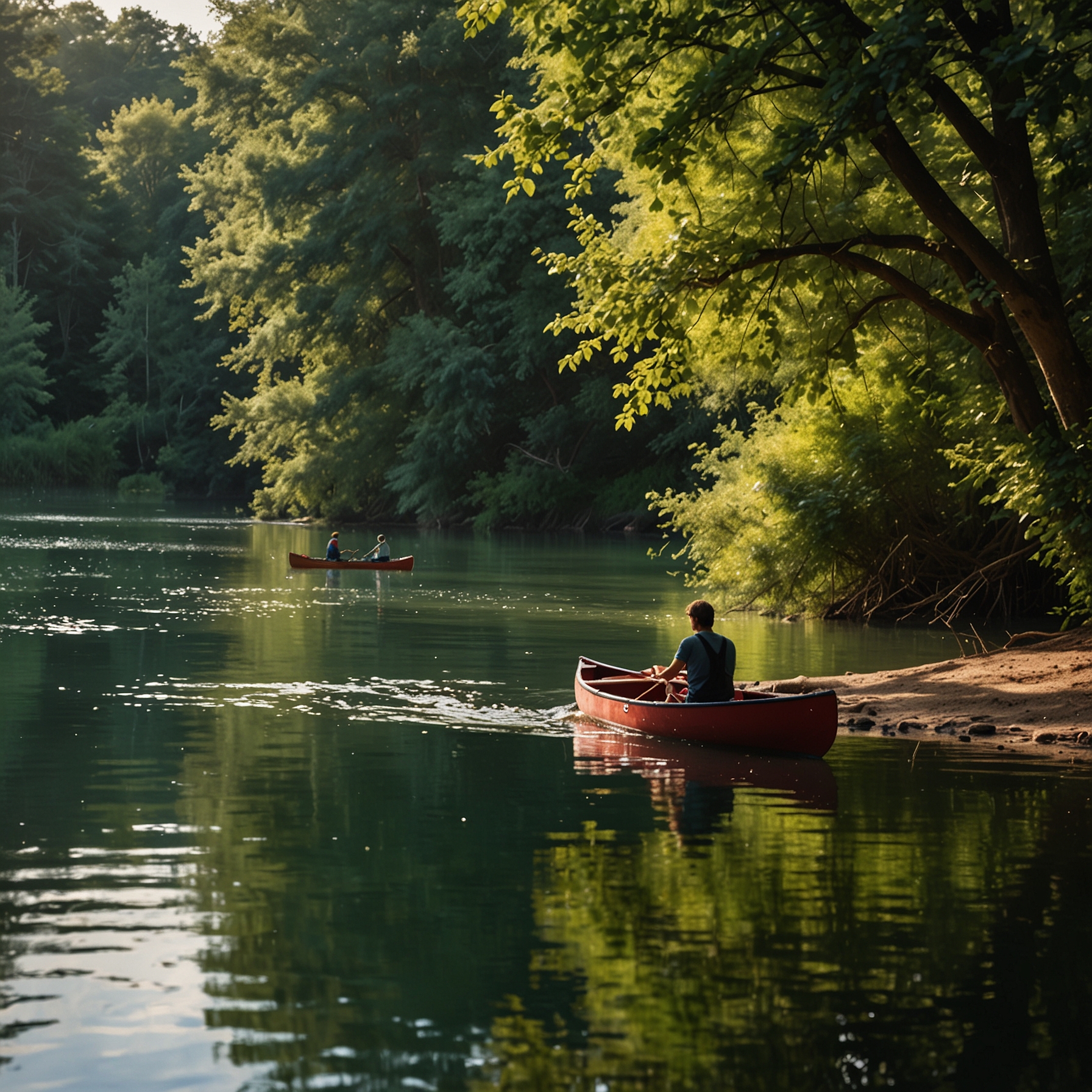 Kanuten paddeln auf der Trave zwischen Bäumen und grüner Uferlandschaft