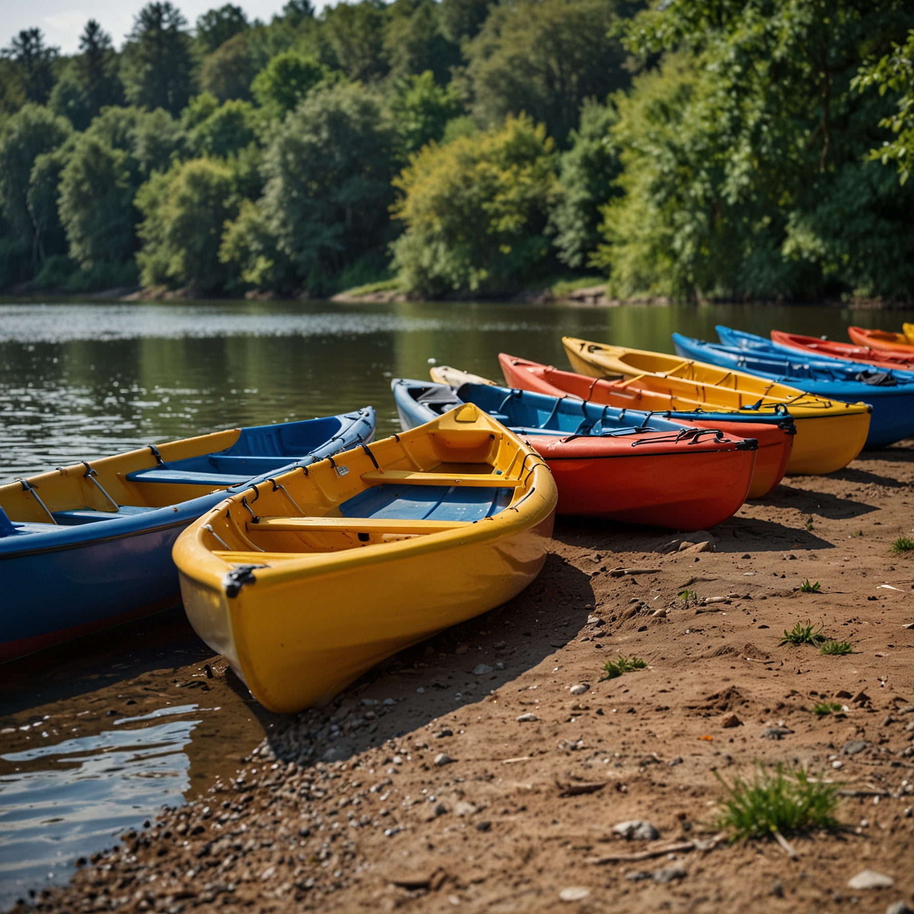Reihe von bunten Kanus und Kajaks am Ufer der Trave