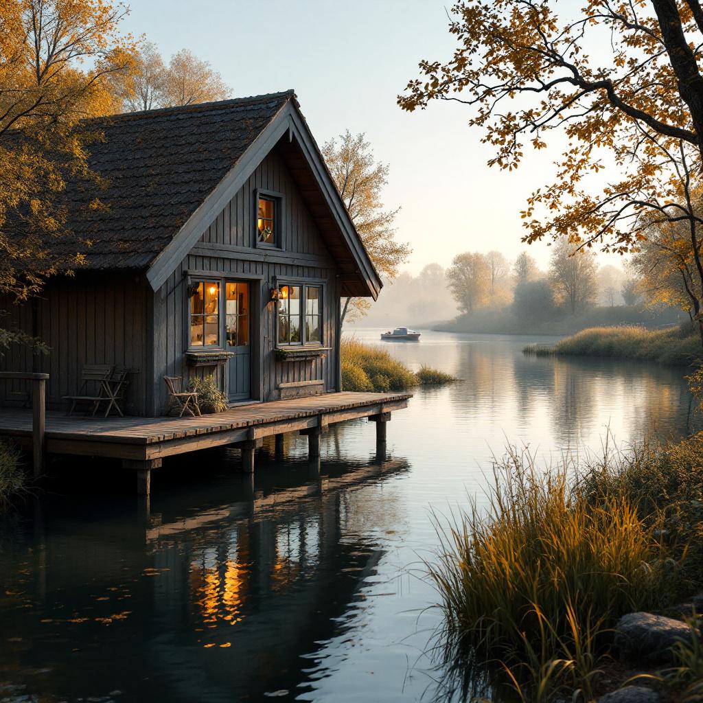 Historisches Bootshaus am Obertrave mit Paddelbooten, Gründung 1933