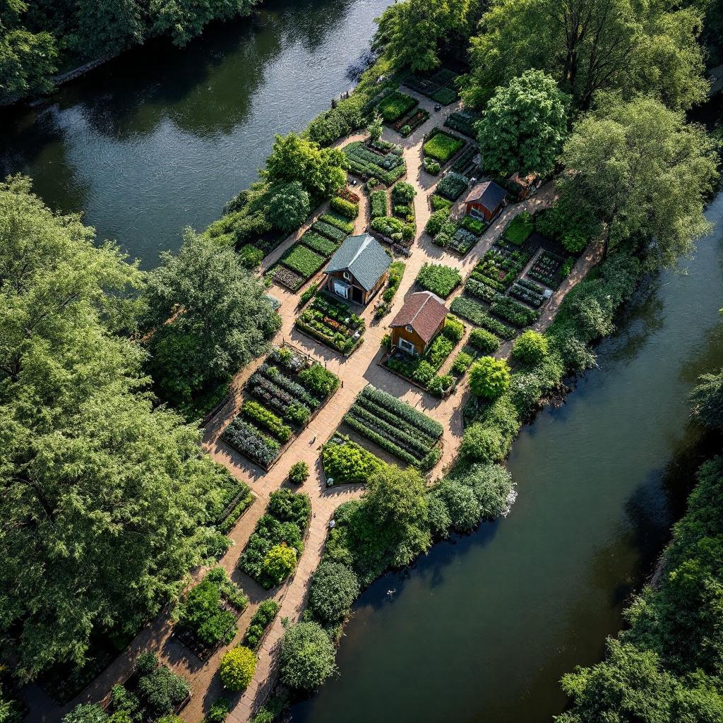 Kleingärten des Bootsvereins Obertrave am Traveufer mit Gartenlauben und grünen Beeten