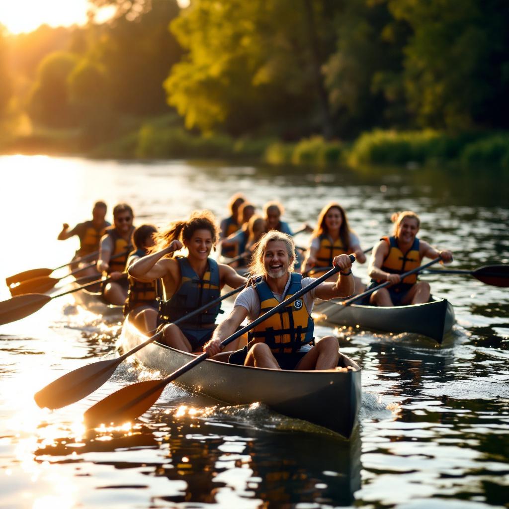 Vereinsmitglieder beim gemeinsamen Paddeln auf dem Obertrave