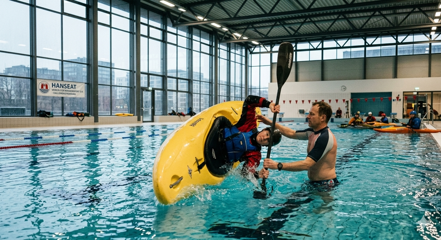 Kanuten trainieren in Hallenbecken mit Trainingsbau
