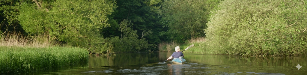Person paddelt auf der Trave zwischen grünen Ufern