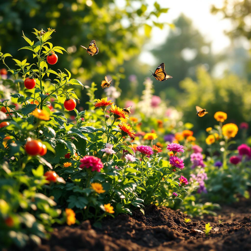Bunte Gemüsepflanzen und Blüten in einem Kleingarten des Vereins