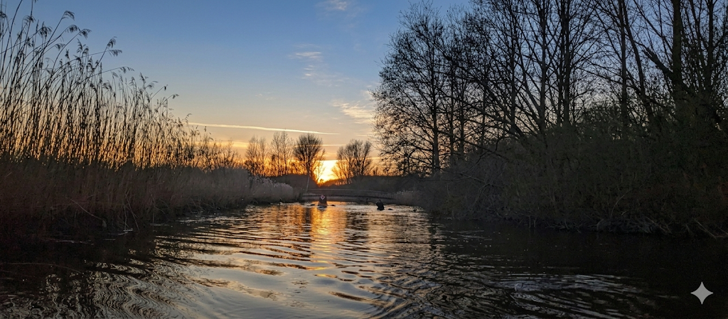 Sonnenuntergang auf der Trave mit Schilf und Bäumen