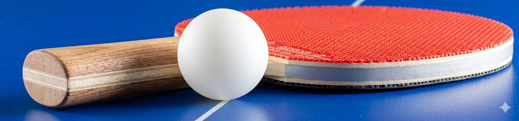 Tischtennisschläger und Ball auf blauem Tischtennistisch