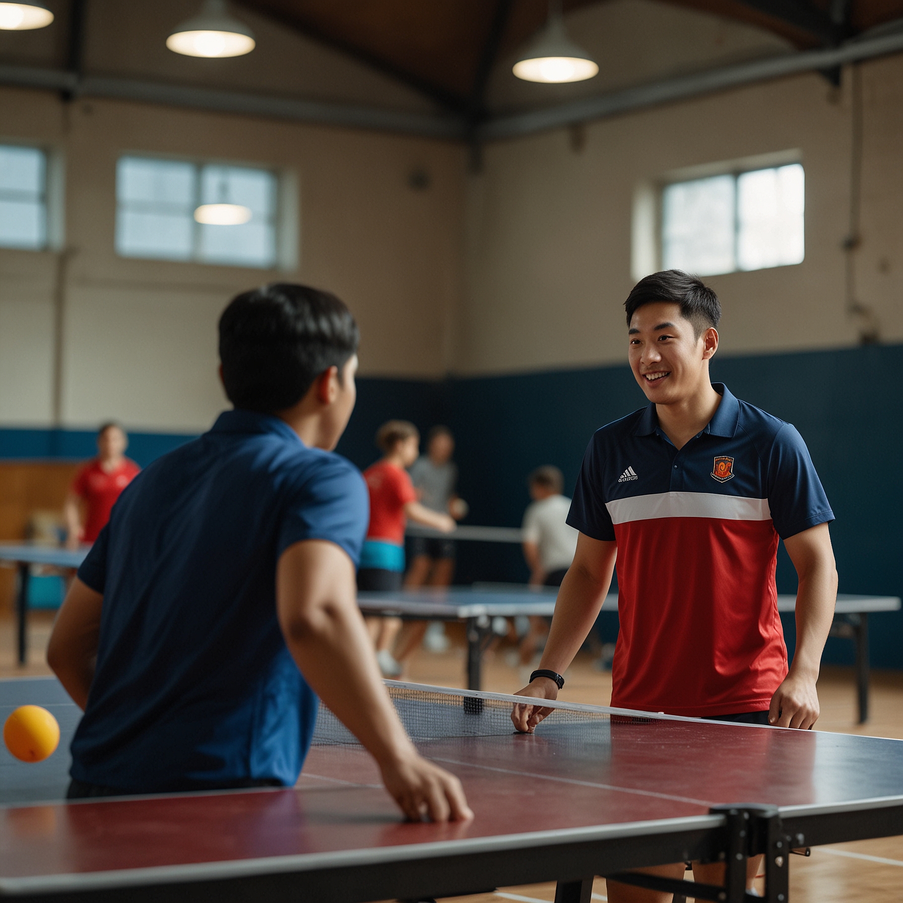Tischtennisspiele im Bootsverein Obertrave, Spieler an zwei Tischtennisplatten